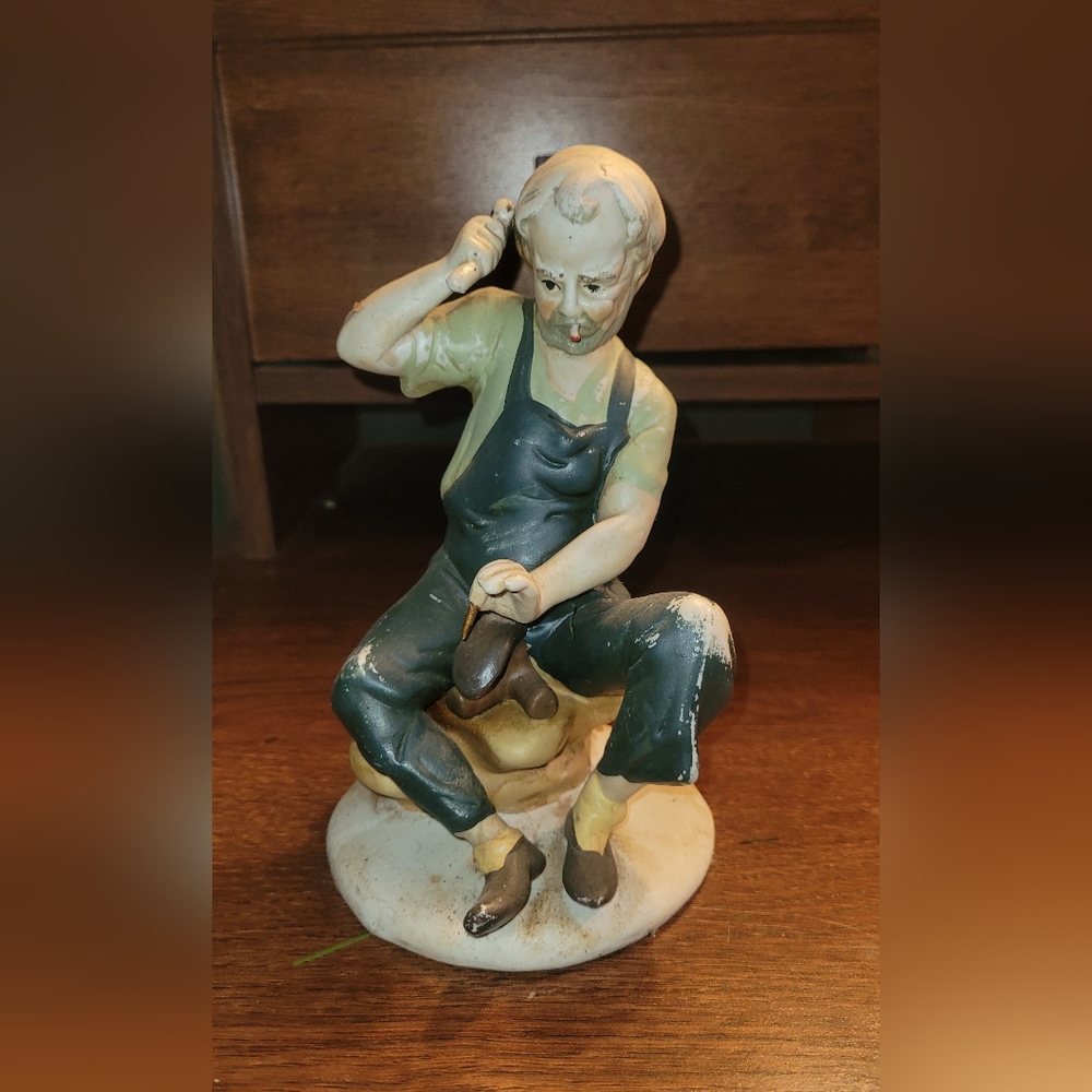 Vintage Artisan Figurine in Blue Overalls shoemaker